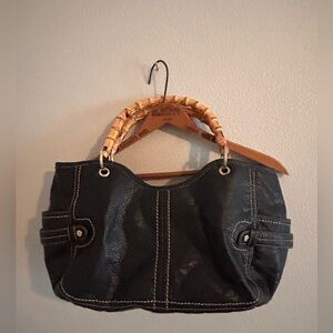 RELIC BAGS Pebbled Black Leather Bag with Bamboo Handles